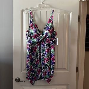 Two piece plus size bathing suit. Multi color. Pink purple green black.